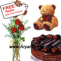 6 Red Roses in A Vase With 1/2 Kg (1.1 Lbs) Chocolate Cake and a Medium Sized Cute Teddy Bear is all one can ask for on this Raksha Bandhan. Your sister will be immensely happy to see this amazing blend of love, tenderness and care. Your choice will also be appreciated as the combo is amazing and complete in itself. A Free Rakhi with this combo will be more appreciated as it completes the pack and makes you realize the motive of the festivities.