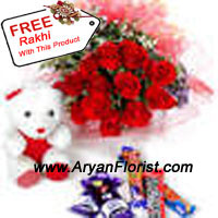 This combination of 12 roses, assorted chocolates and Teddy bear is ideal to impress your little sister, especially, if you have earned this for her. The dozen of roses show the sentiments attached to the festival of Raksha Bandhan, the assorted chocolates add to the element of sweetness that is mandate to complete the festivities and the teddy bear show the cuddly and lovable way you treat your sister/brother. The free Rakhi with this pack will be an addendum to the happiness galore!