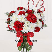 The presence of Almighty can be seen in this bunch that is adorned with festive candy canes. It also consists of red carnations and white chrysanthemums where these peppermint candy canes are also adjusted amidst them to make this a presentable bouquet. The vase that comes with this blend of white and red flowers equals the beauty of the flowers and will surely adorn your central table. Indeed one of the best ways to make memories! (Please Note That We Reserve the Right to Substitute any Product with a Suitable Product of Equal Value in Case of Non-Availability of a Certain Product)