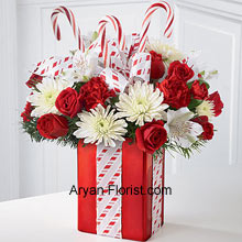 Just a look and you will lose your heart! This is one of the finest bouquets that we have on this holiday season. This wonderful arrangement contains white mums, red carnations and sprays roses that embellished with candy canes to bring on the festive spirit. These are arranged very meticulously in an amazing red and white colored vase that is unique in its shape and is a true indication of festivities owing to its lovely classic color. (Please Note That We Reserve the Right to Substitute any Product with a Suitable Product of Equal Value in Case of Non-Availability of a Certain Product)
