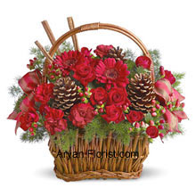 A little garden is created for you in this very well spaced basket that contains a bouquet of miniature roses, carnations, gerberas, or similar festive blooms. They are designed in a basket with fresh evergreens, pinecones, and accents. This basket is the perfect way to show your gratitude and wish your friends and family wonderful and pleasant Happy holidays! The lovely greens present in the basket makes it lovely and eye catchy too! Please, all by giving this pretty decorative! (Please Note That We Reserve the Right to Substitute any Product with a Suitable Product of Equal Value in Case of Non-Availability of a Certain Product)