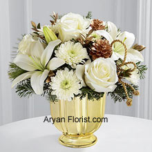 This amazing collection of ornamental flowers of white roses, Asiatic lilies and chrysanthemums are brought to you in this sparkling golden vase to show your prowess in celebrating with elegance. The myrtle stems and assorted holiday greens that are added, elevate the collection and make it more eye catchy. Each flower, including the Gold pedestal vase, will be the highlight of your collection that is going to help you ascertain your season's goals. (Please Note That We Reserve the Right to Substitute any Product with a Suitable Product of Equal Value in Case of Non-Availability of a Certain Product)