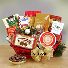 Just like relationships, that are bitter sweet, we have this charming collection of sweet and savory for all your exceptional guests. We include crackers, cheese, Cashew Roca, truffle cookies, mocha almonds, chocolate chip cookies, Lindt truffles, Ghirardelli almond chocolate bar, and English tea cookies in a beautiful red colored basket that is embellished with holiday green and lovely contrasting bow, just to add to the festive mood. Enjoy this pack and enhance your celebration this year! (Please Note That We Reserve the Right to Substitute any Product with a Suitable Product of Equal Value in Case of Non-Availability of a Certain Product)