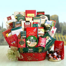 This large gift basket that has extensive choices for everyone to serve a big family contains truffles, wafer cookies, cheese, smoked almonds, licorice petites, Cashew Roca, water crackers, cheese straws, smoked salmon, bruschetta toast, Dolcetto wafers, Almond Roca, Lacey's cookies, cheese swirls, fudge, caramel apple bites, English tea cookies, chocolate chip cookies, biscotti, truffle cookies, toffee pretzels, a Ghirardelli chocolate bar, and popcorn. With lovely names that initiate salvation, this big basket is worth to buy for large families on festivities and special occasions. (Please Note That We Reserve the Right to Substitute any Product with a Suitable Product of Equal Value in Case of Non-Availability of a Certain Product)