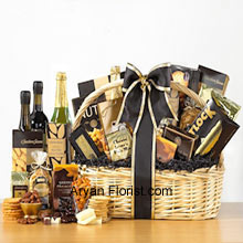 A basketful of goodies, this gift basket makes for a perfect gift for weddings, anniversary and house warming celebrations or a New Year gift. The finest products are assorted to put together in a pretty basket. Elegantly arranged, the basket is decorated with fancy ribbon. The goodie basket contains: Honey Mustard Pretzels, Cheese Lover's Pub Mix, Fancy Water Crackers, Smoked Salmon, All Natural Sharp Cheddar, Dutch Gouda Cheese Biscuits, Deluxe Mixed Nuts, Pistachio Pralines, Swedish Oat Crisps, Belgian Chocolate Petites, Godiva Dark Chocolate Almonds, Raspberry Chocolate Espresso Cake, House Blend Coffee, Sisters Classic Breakfast Tea and a bottle of non-alcoholic Sparkling Apple Cider (Please Note That We Reserve The Right To Substitute Any Product With A Suitable Product Of Equal Value In Case Of Non-Availability Of A Certain Product)