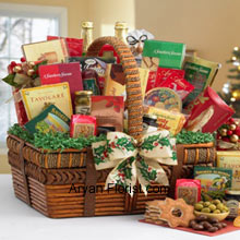 This is an affluent arrangement of goodies such as Tomato Basil Pretzels, Gingerbread Cake, Zesty Cheddar Thins, Spanish Olives, Pecan Pralines, Gouda Cheese Biscuits, Cinnamon Star Cookies, Belgian Chocolate Petites, California Smoked Almonds, Rothschild Triple Berry Preserves, Chocolate Chip Cookies, Ashby Assam Tea, Savory Snack Mix, Fruit Bonbons, Holiday Blend Coffee, and Godiva Milk Chocolate Strawberries. All these goodies together will be harmonious with an occasion where gifts are required. So indeed, choose this basket for your special friends and family to send them a basketful of good wishes and love. (Please Note That We Reserve the Right to Substitute any Product with a Suitable Product of Equal Value in Case of Non-Availability of a Certain Product)