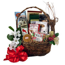 Gain serendipity with this basket that enunciates nothing but love. It has items such as peanuts, snack mix, Christmas popcorn, fudge, cheese straws, peanut bar, chips and coffee that enhances your celebration. This basket is prepared with the same love as that of a mother and child that reflects heights of selflessness, sanctity and pure bliss, without any expectation in return. So, enjoy your evening and the Christmas Eve with these goodies. (Please Note That We Reserve the Right to Substitute any Product with a Suitable Product of Equal Value in Case of Non-Availability of a Certain Product)