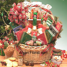 Under the flagship of this basket the receiver will enjoy some phenomenal goodies. So share this spectacular pack of goodies with your family and friends on Raksha Bandhan. This Basket includes 2 oz White Cheddar Popcorn, 3 oz Holiday Confetti Corn, 8 oz Butter Toffee pretzels, Chocolate Cherry Delights, Chocolate Mint Delights, Peanut Butter Delights, Coconut Delights, 3 oz Summer Sausage, 3 oz Beef Salami, Grained Mustard, Stone Wheat Crackers, Happy Holidays Theme Bag with Starlite Mints, Creamy Brie Cheese Spread, Creamy Vegetable Spread, Chocolate Walnut Fudge, Holiday Tavolare Savory Snack Mix, Wolfgang Puck Gourmet Coffee, Holiday Cocoa and 4 oz. Honey Sweet Peanuts. All these products are subject to availability and are replaced with goodies of equal value).